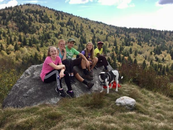 Kids on rock in meadow