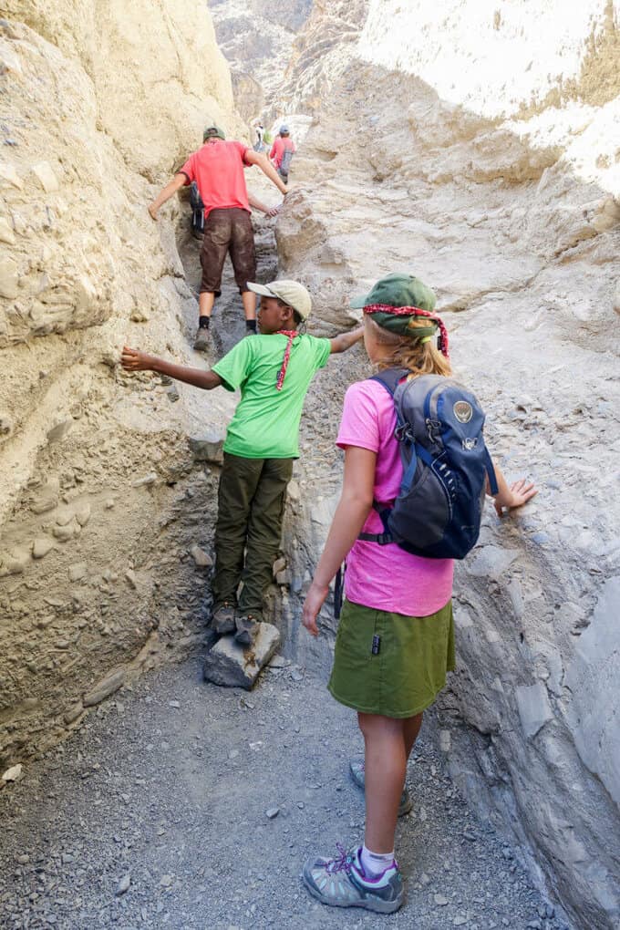 Climbing the chutes of Mosaic Canyon