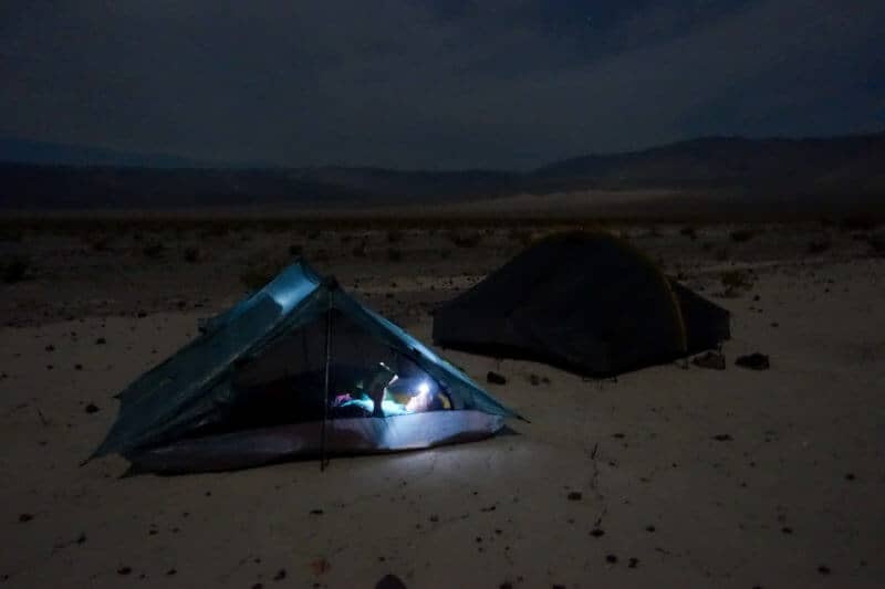 Paige in tent in Death Valley National Park